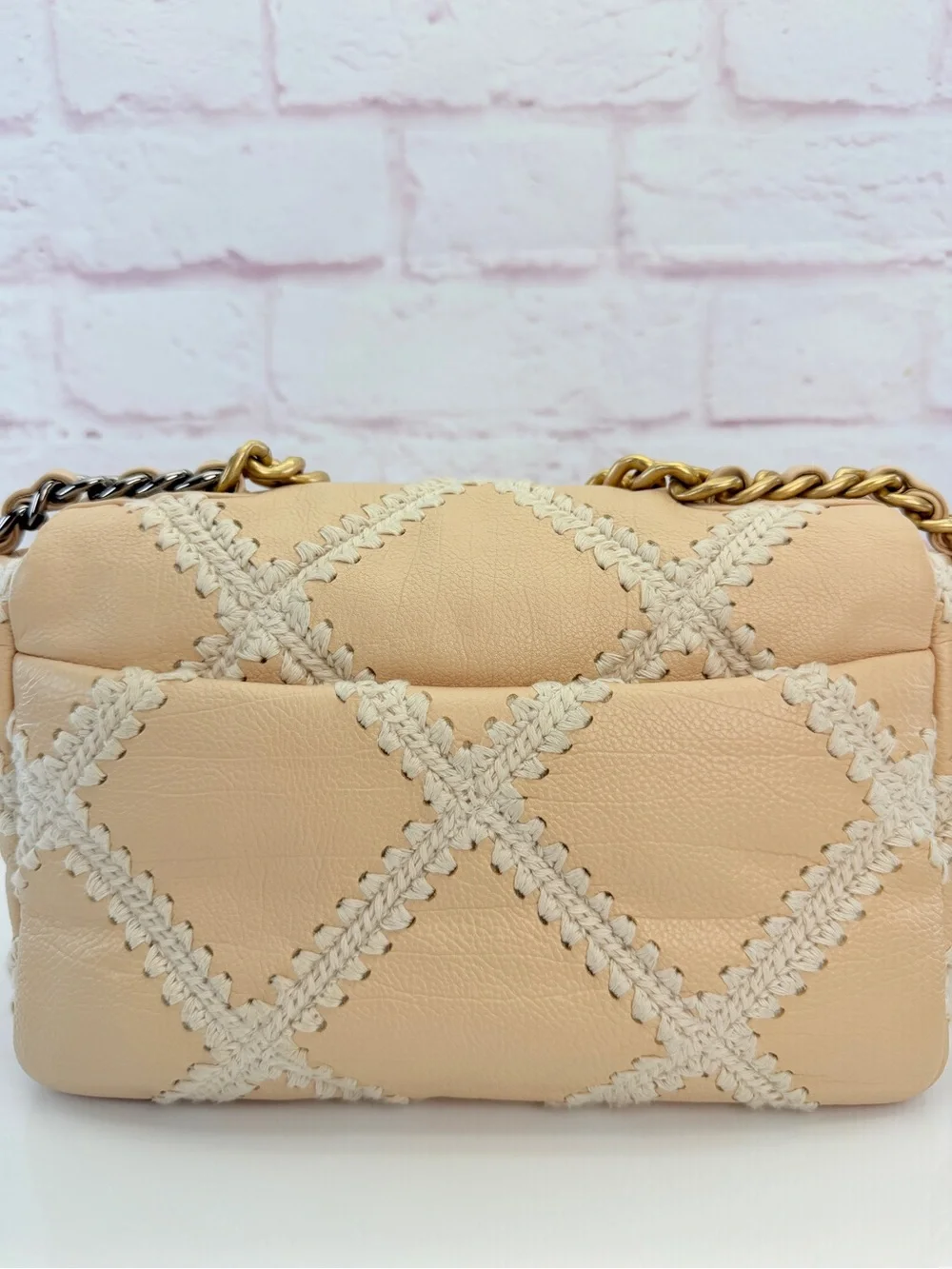 Chanel 19 Flap Medium Calfskin Crochet Shoulder Bag Beige